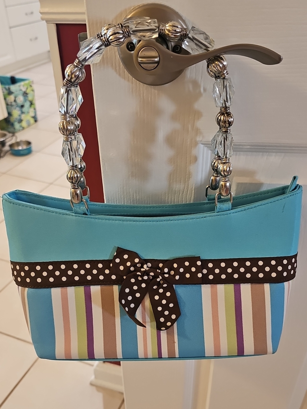 Turquoise Striped Bow-Accent Tote Bag With Matching Wallet- Unbranded